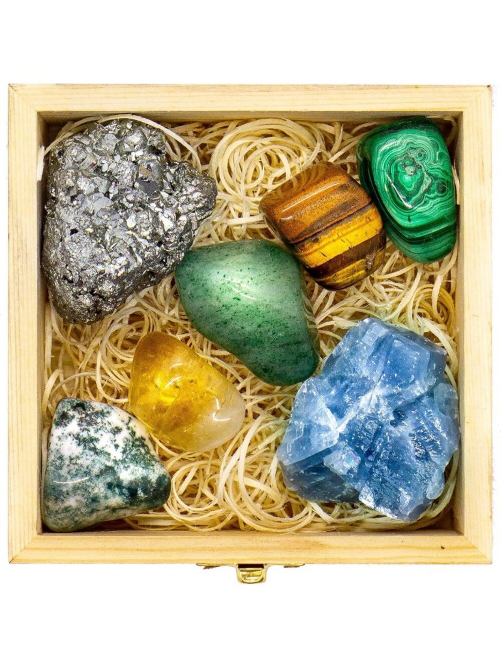 Authentic Healing Crystals Set in Wooden Box + EBOOK - Malachite, Pyrite